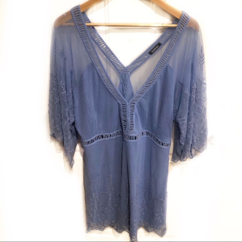 Boohoo Blue Sheer & Lace Dress Cocktail Party Photoshoot Baby Shower